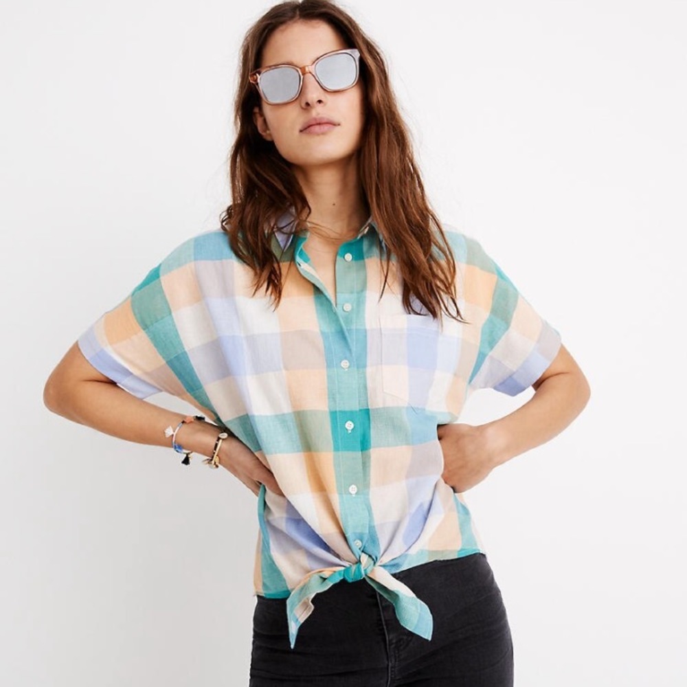 Madewell Plaid tie front button down top